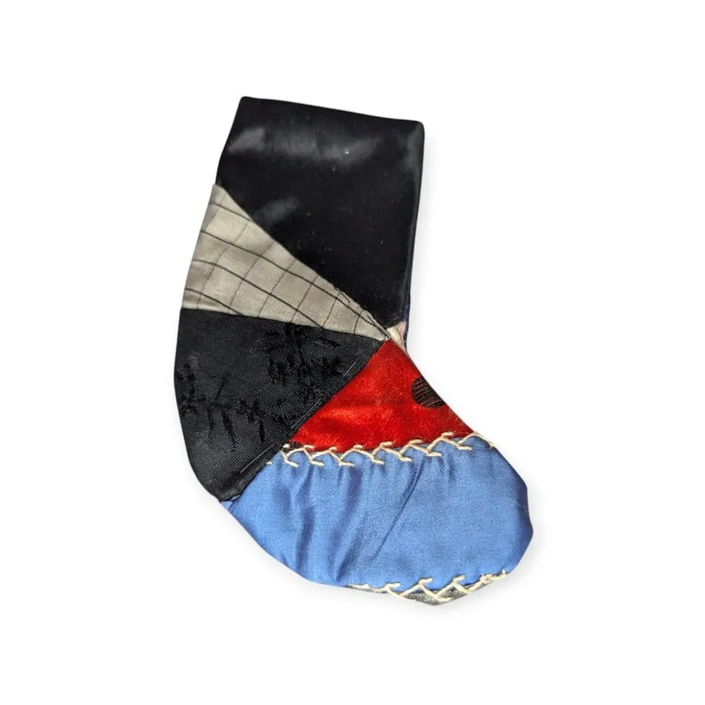 Set of 3 Crazy Quilt Multicolor Christmas Ornaments Stocking, Heart & Cat